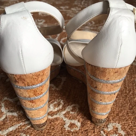 Jimmy Choo Optic White Vachetta Leather Portia 120 Silver Cork 10/EU 40 - Picture 6 of 14